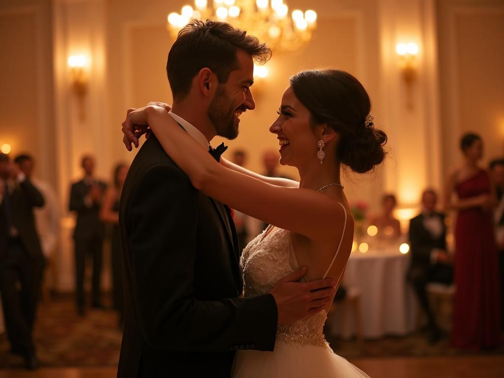 Happy wedding couple dancing confidently at their reception